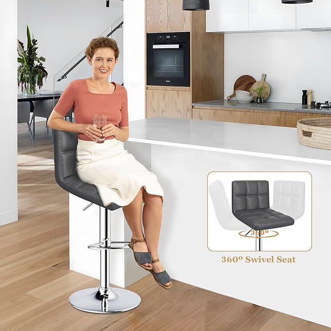 Bar Stools Set of 2, Armless Adjustable Swivel Barstools with Back, Double Needle PU Leather Counter Height Bar Stools for Kitchen Island, Grey