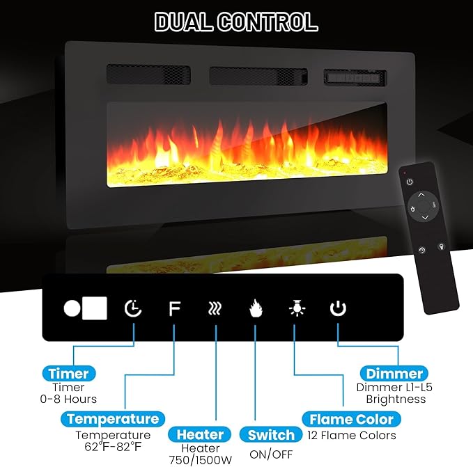 GarveeHome 70 Inch Fireplace TV Stand with 36 Inch Electric Fireplace, 12 Colors LED Lights, 750W/1500W for Max 80 Inch TV, 2 Tier Storage 2 Door Cabinet