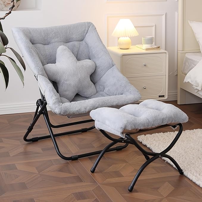 Welnow Comfy Saucer Chair with Ottoman, Oversized Folding Reading Chair for Adults with Throw Pillow Soft Faux Fur Lounge Chair for Bedroom Furry Accent Chair for Living Room, Dorm Rooms, Grey
