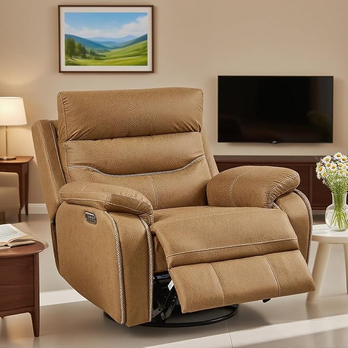 Oversized Recliner Chair, Multifunction Power Recliner Chair, 240° Swivel Single Electric Reclining with USB Port for Living Room,Apartment, Bedroom, Yellow Brown