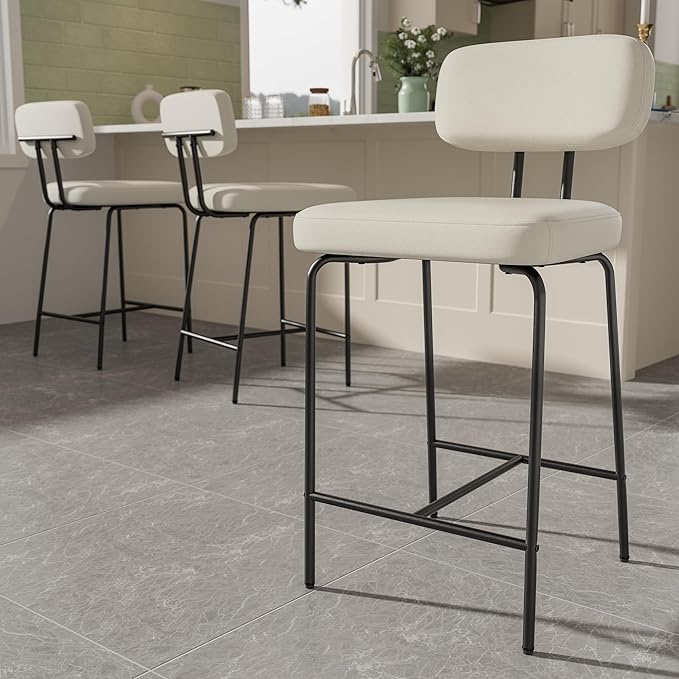 Counter Height Bar Stools Set of 2, 26" Fabric Kitchen Bar Stools with Back, Counter Barstools with Metal Legs, Bar Chairs for Kitchen Island, White