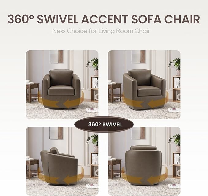 COLAMY 360° Swivel Accent Chair with Pillow, Leather Living Room Armchair No-Sag Foam & Sturdy Metal Base, Fully Assembled Swivel Accent Single Sofa for Bedroom Living Room, Reading Room, Wolf Grey
