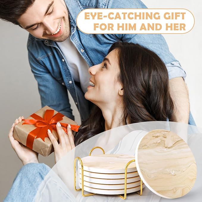 GOH DODD Coasters for Drinks Set of 6, Absorbent Marble Style Ceramic Coaster Cup Coasters Tabletop Protection Home Decor with Metal Holder for Housewarming Gifts Wedding Party, Beige, Round, 4 Inch