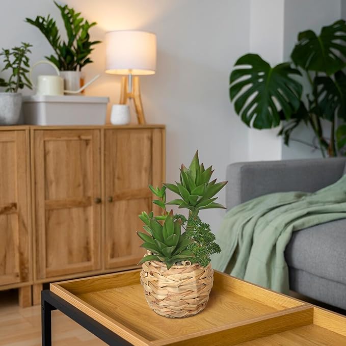 10" Large Succulents Plants Artificial in Wooden Pots, Fake Succulents in Woven Pots, Faux Succulent Artificial Plants Indoor for Home, Bedroom, Living Room, Bathroom Desk Shelf Table Decor