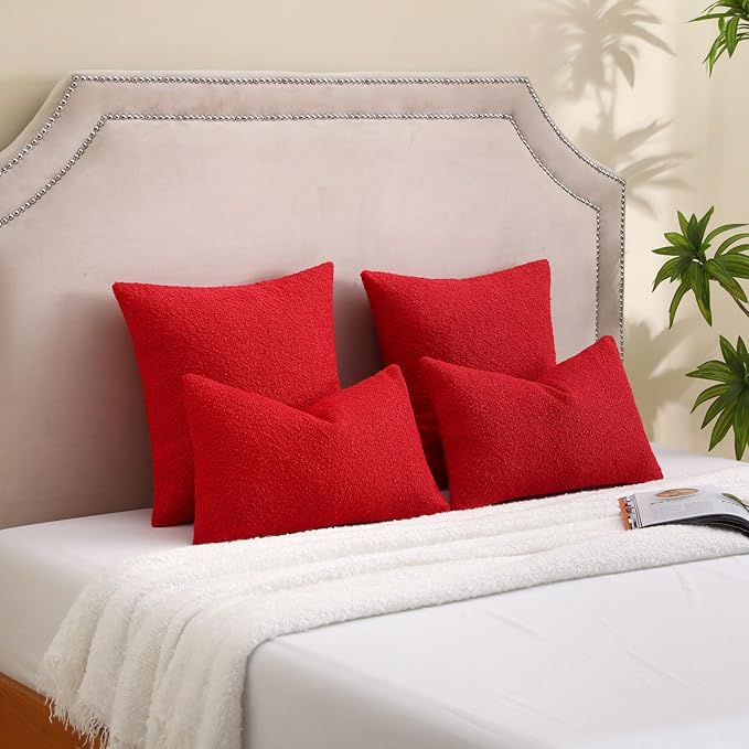 FUTEI Pack of 2 Red Decorative Throw Pillow Covers 22x22 Inch Soft Cozy Solid Boucle Textured Cushion Case,Modern Home Decor for Couch Bed Living Room