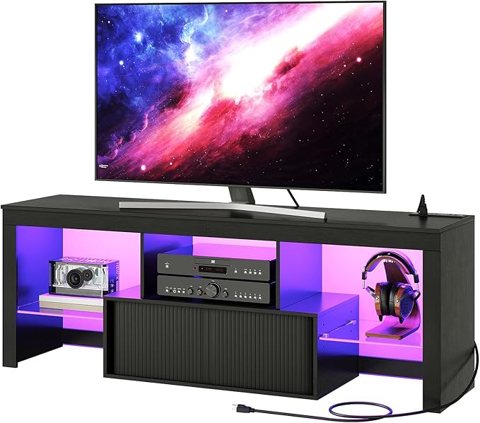 TV Stand with Power Outlet, Modern TV Cabinet for 55 60 inch TVs, Media TV Console with LED Light Strip, Media Entertainment Center with Storage, for Living Room, Bedroom, Black MDS02UDBB