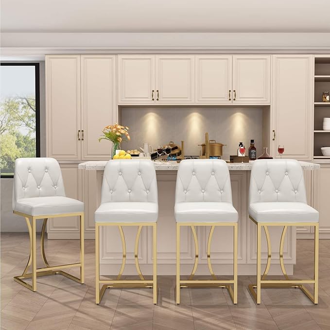 24" Counter Height Bar Stools Set of 2, White Counter Stools with Back and Gold Metal Frame, Modern Luxury Barstools with Footrest, Upholstered PU Leather Bar Chairs for Kitchen Island
