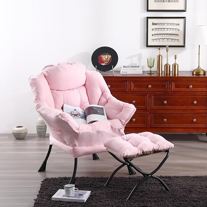 Welnow Lazy Chair with Ottoman, Modern Reading Lounge Accent Chair with Armrests and a Side Pocket, Leisure Upholstered Lazy Sofa Set with Footrest for Small Space