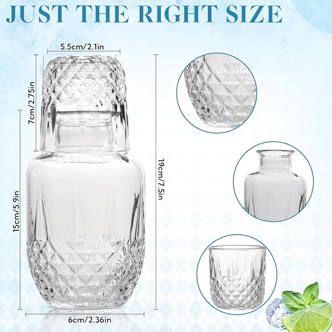 3 Set Bedside Water Carafe and Glass Set 18 OZ Vintage Glass Water Pitcher with 5 OZ Cup Set Clear Glass Water Pitcher for Bedroom,Bar,Bathroom,Hotel,Restaurant,Juice,Mouthwash Container,Style-2