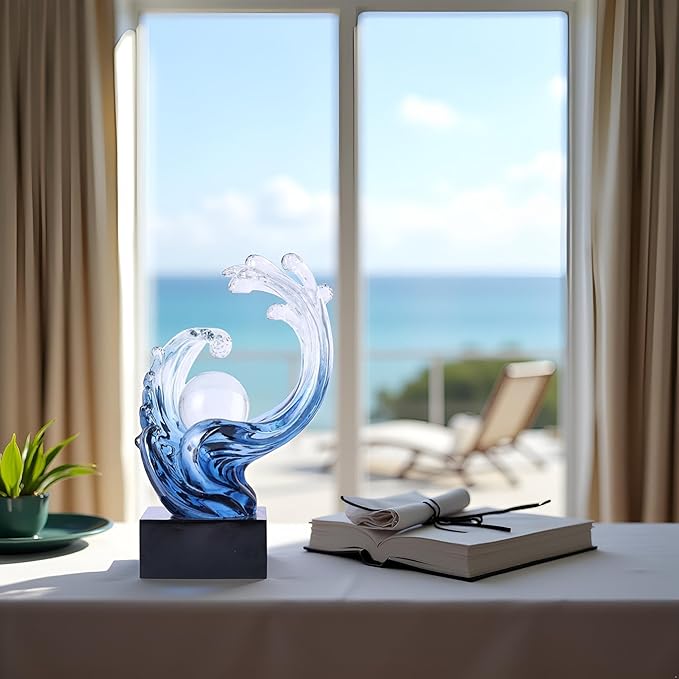 Modern Abstract Decorative Wave Statue, Gold Abstract Art Home Decor,Crystal Ball Art Wave Resin Sculpture, Office Desk Stand, Dining Table Center Decorative Aesthetics (Blue)