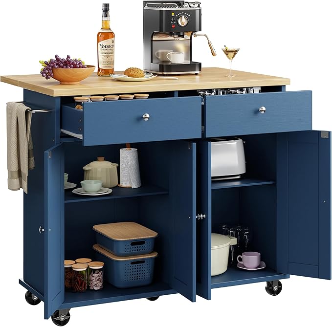 Shintenchi Kitchen Island with Drop Leaf, Rolling Kitchen Cart with Storage on Wheels, Table Bar Cart for Kitchen with Towel Rack & Seating Area for Dining Room, Blue
