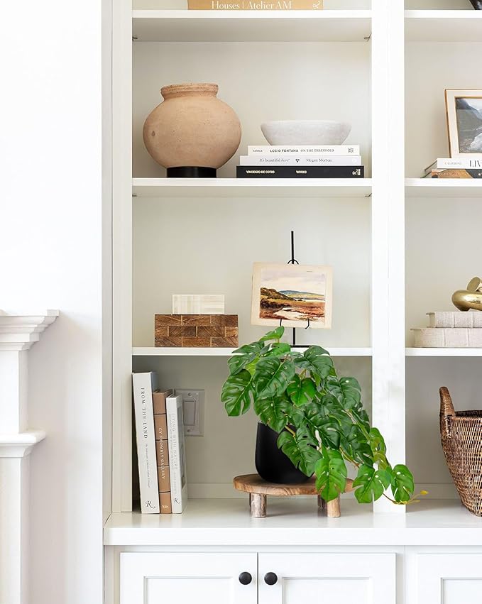 DILATATA Fake Plants Indoor 8 Inch Artificial Monstera Plant in Black Ceramic Pot - Faux Potted Tropical Palm Plant for Home Aesthetic Decor Living Room Shelf Office