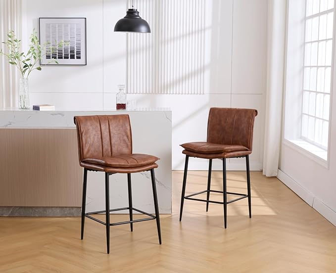 CIMOTA Leather Counter Height Bar Stools Set of 4, Modern 26 Inch Upholstered Barstools with Back and Metal Legs, Comfortable Kitchen Island Chairs, PU Brown