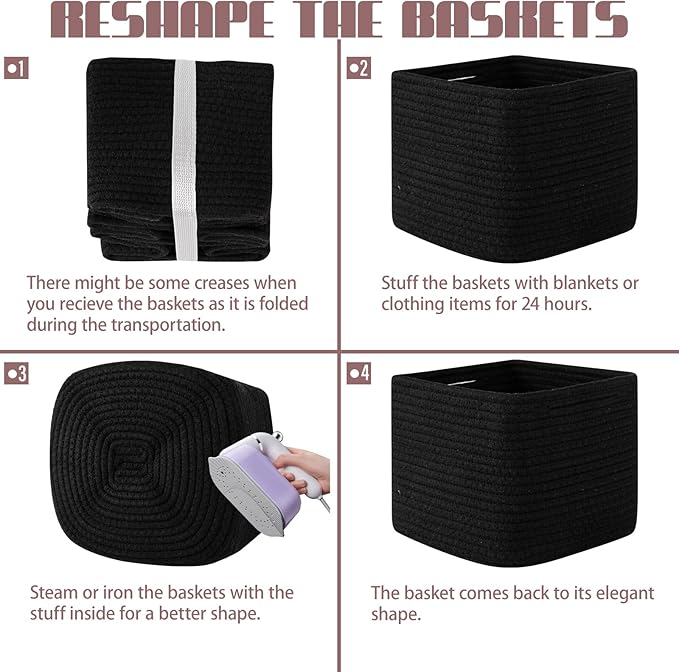 OIAHOMY 9”x9”x7” Storage Cubes, Cotton Rope Woven Baskets for Organizing, Cube Storage Bin, Small Gift Basket for Shelf, 3-Pack, Black