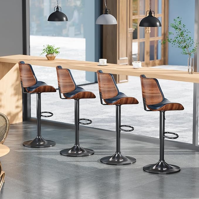 Swivel Bar Stools Set of 2, Adjustable Bentwood Barstools for Kitchen Counter, Modern PU Leather Upholstered Bar Chair with Back and Footrest, for Kitchen Island, Bar, Dining Room, Navy