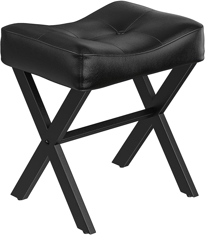 18-Inch Leather Vanity Stool Chair, Vanity Bench with Metal X-Leg, Ottoman Accent Stool with Thick Padded Saddle Seat, Black