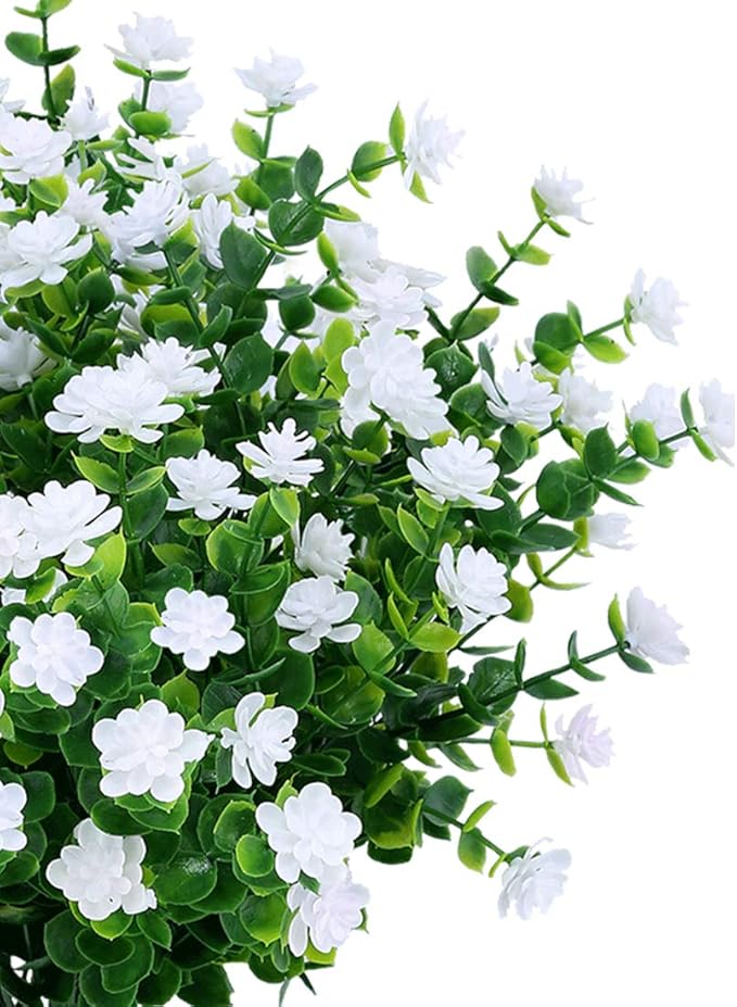 6PCS Artificial Eucalyptus Flowers, Fake Artificial Greenery UV Resistant No Fade Faux Plastic Plants for Wedding Bridal Bouquet Indoor Outdoor Home Garden Kitchen Office Table Vase(White)