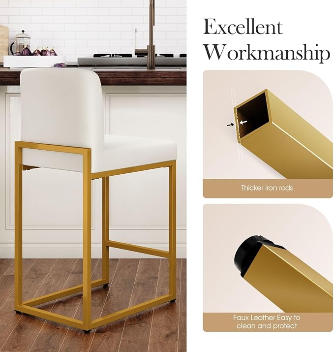 Sophia & William White and Gold Bar Stools Set of 4, Counter Height 24" Bar Stools with Backs