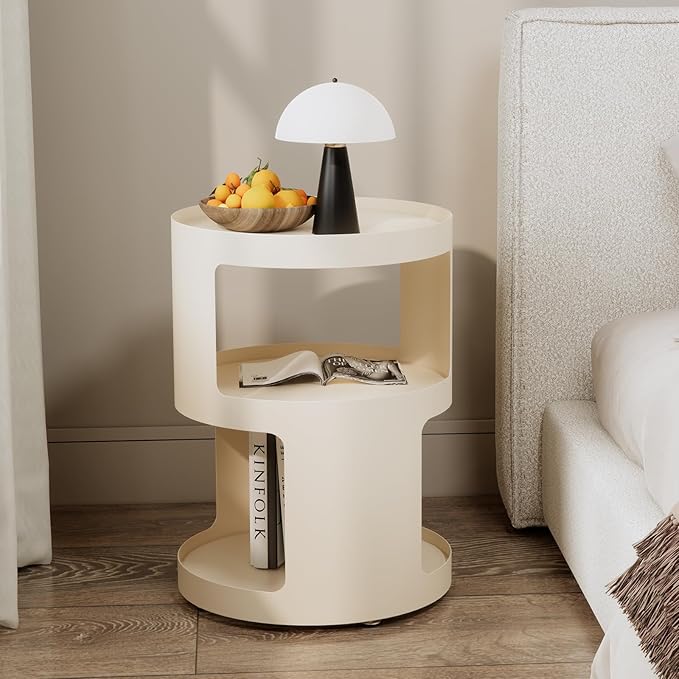 XIV Side Table, Round End Table, Modern Nightstand, Metal Accent Table, Small Bed Side Table for Living Room Bedroom, Bedside Table, Night Stand, No Assembly Required (Off White, Round)