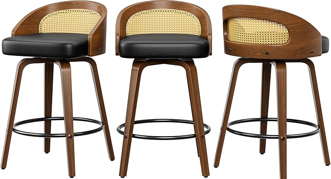 Swivel Bar Stools Set of 3, 26" Upholstered Faux Leather Barstools with Bentwood Legs, Mid Century Modern Counter Height Bar Stools with Rattan Back for Kitchen Island, Dining Room, Black