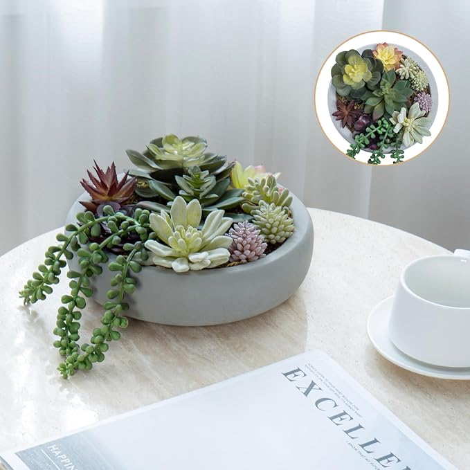 MyGift 8 Inch Round Modern Artificial Succulent Arrangement Potted in Gray Concrete Plant Bowl, Assorted Faux Mini Succulents in a Decorative Planter Pot