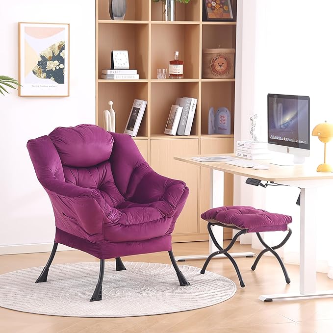 LITA Lazy Chair with Ottoman, Modern Accent Leisure Upholstered Sofa Chair, Contemporary Lounge Reading Chair with Armrests and a Side Pocket for Living Room, Bedroom & Small Space