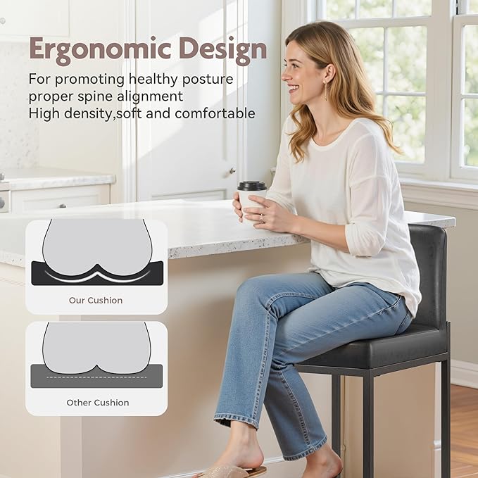 ALPHA HOME Counter Height Bar Stools, 24” Kitchen Counter Stools Set of 3, Pu Leather Kitchen Modern Bar Chairs with Back&Footrest, Sturdy Chromed Metal Steel Frame, Black