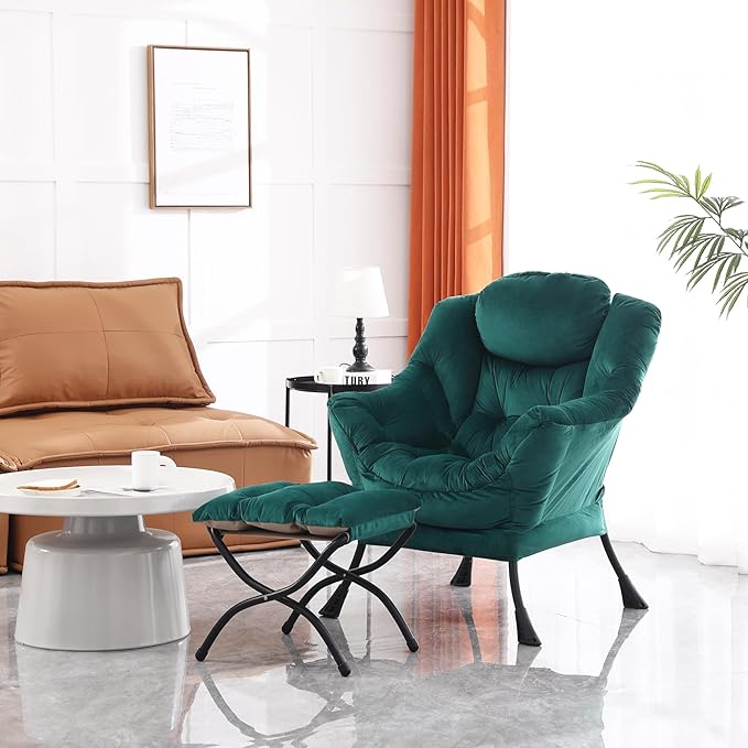 Lazy Chair and Ottoman, Large Accent Lounge Chair with Armrests and a Side Pocket, Modern Leisure Upholstered Sofa Reading Armchair with Footrest for Bedroom, Living Room, Dorm Rooms, Office