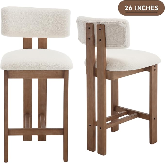 Upholstered Farmhouse Counter Height Bar Stools Set of 4 White Sherpa Barstools with Back/Solid Wood Legs, Modern Bar Chairs for Kitchen Island/Home Bar/Pub, 26 Inch