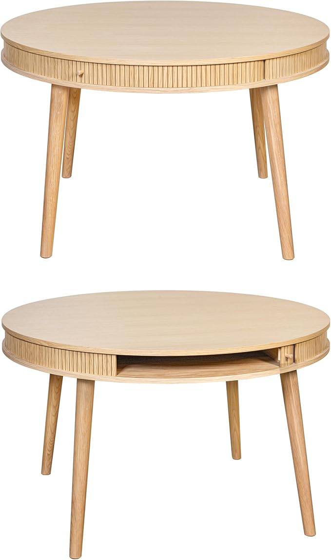 WERMO 47'' Round Dining Table for 4 People - Pre Assembled Round Kitchen Table with 2 Hidden Storages (Oak)