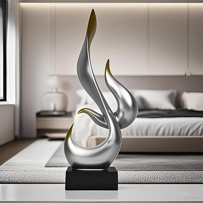Silver Fire Flame Sculpture, Modern Abstract Resin Statue, Art Statue Home Decor for Living Room TV Stand Coffee Table Shelf Accents Decor