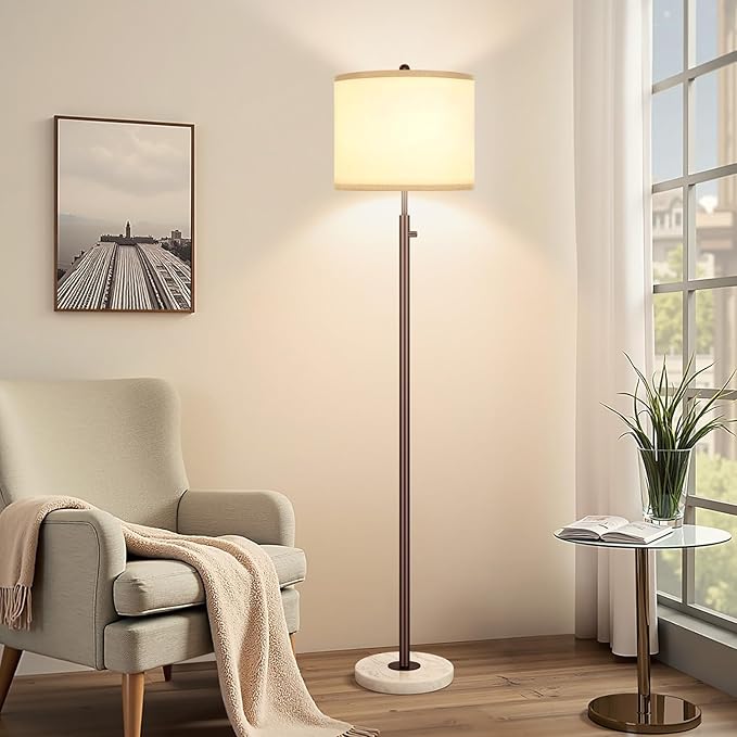 Nintiue 【Upgraded】 Dimmable Floor Lamp for Living Room, 11W LED Bulb Included, Modern Standing Lamp with Marble Base, Tall Pole Light with Linen Shade for Bedroom Reading Office Corner Nursery-Brown