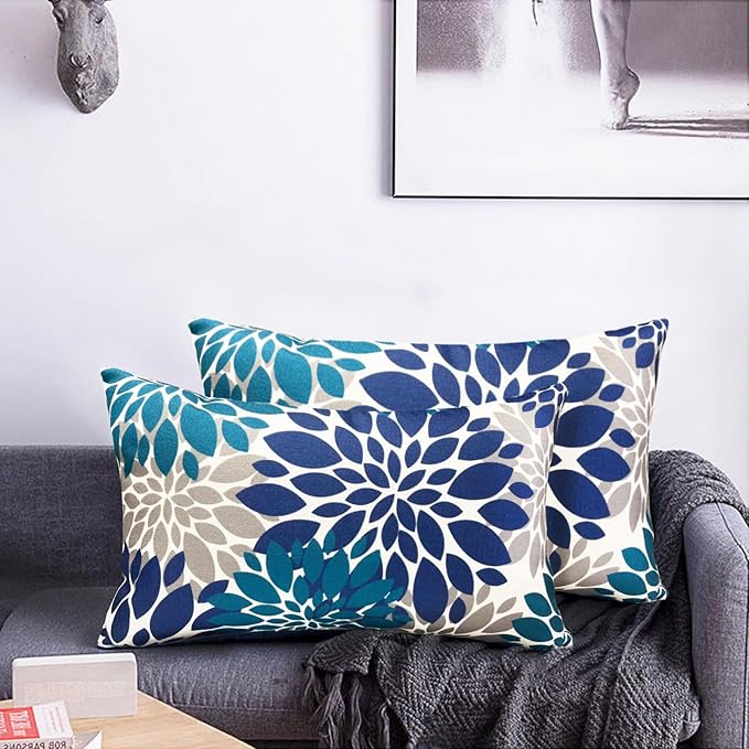 Decorative Throw Pillow Covers Set of 2 Blue Pillow Covers 12x20 Inch Couch Pillow Covers for Sofa Living Room Outdoor Throw Pillow Cover Linen Square Floral Flower Farmhouse Pillowcase