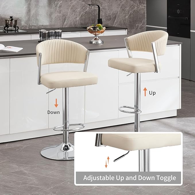 Bar Stools Set of 2, Adjustable Swivel Counter Height Bar Stools with Back and Footrest, PU Leather Bar Chairs for Kitchen Dining Room, White