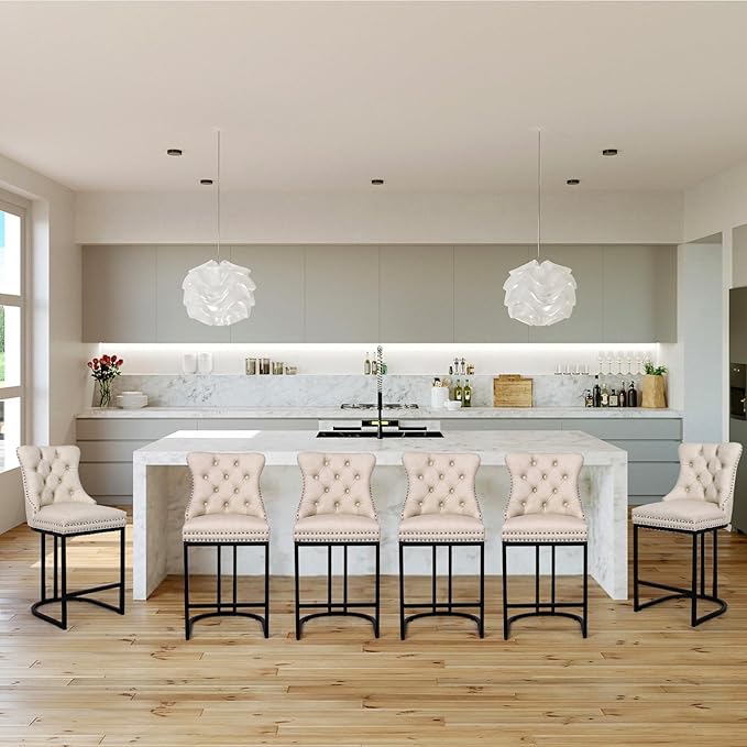 UVV Counter Height Bar Stools Set of 1, 26" Modern Barstools with Back, Faux Leather Upholstery Counter Chairs with Metal Legs for Kitchen Island, Bar, Counter, Beige