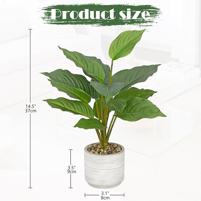 Small Fake Plants Indoor 14.5 Inch Potted Plant Artificial Decor 12 Leaves Faux Plant with Cement Pot Silk House Plants for Home Office Bathroom Kitchen Farmhouse Table Centerpieces Shelf Decor