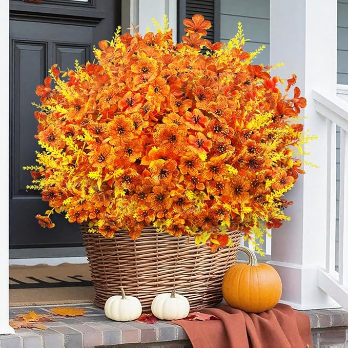 Artificial Faux Fall Mums Flowers Outdoor Decoration,16 Bundles Fake Silk Colorful Daisy Eucalyptus Realistic UV Resistant Plants for Outside Home Planter Porch Patio Yard Decor