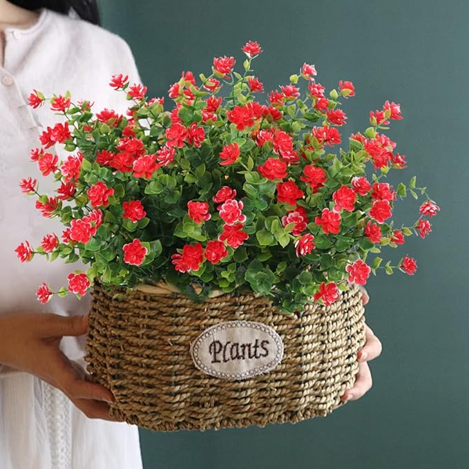 Outdoor Artificial Plant UV Resistant Fake Stems Plants, Faux Plastic Greenery for Indoor Outside Hanging Plants Garden Porch Window Box Home Wedding Farmhouse Outdoor Decorations for Patio (Red)