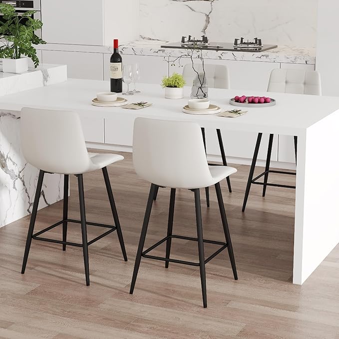 White Barstools Set of 4, 24.4" Counter Height Bar Stools with Back & Metal Footrest, Modern Island Chairs Set of 4 for Kitchens Island Home Bar