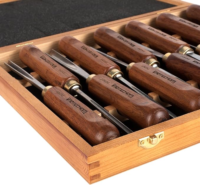 12-Pieces Woodworking Wood Carving Tools Chisel Set with Wooden Box, Razor Sharp CR-V 60 Steel Blades