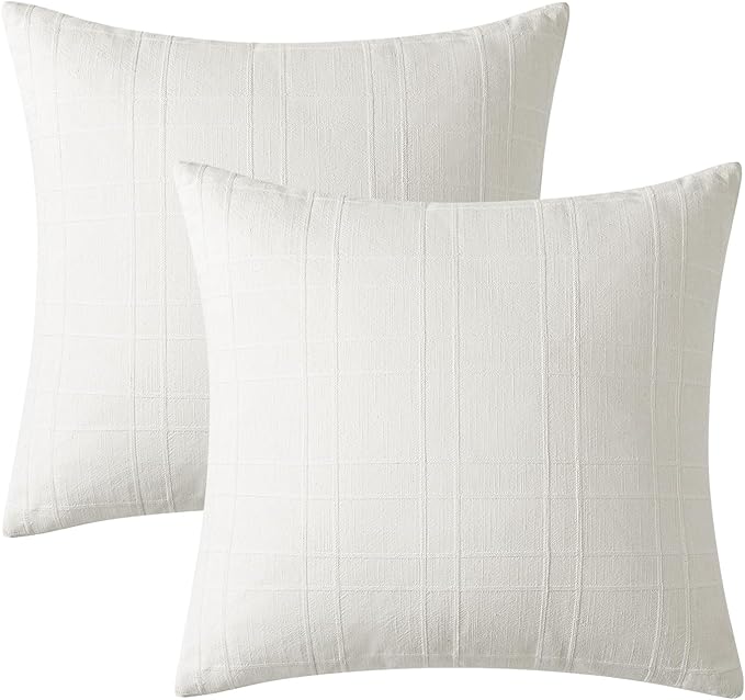 MIULEE Decorative Linen Check Euro Shams Throw Pillow Covers Neutral Farmhouse Vintage Christmas Pillow Covers 26x26 Set of 2 Boho Modern Home Decor for Sofa Couch Bedroom Cushion Cream White