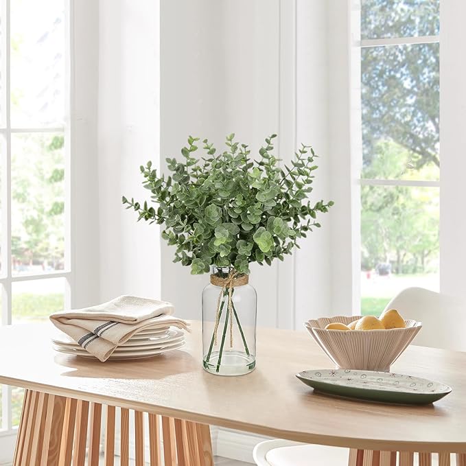 Briful Artificial Eucalyptus Stems in Clear Glass Vase with Faux Water, 14" Fake Plant Eucalyptus Leaves for Home Farmhouse Wedding Bathrooom Decor