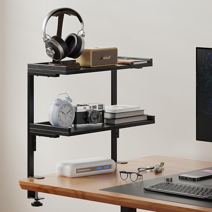 Clamp On Desk Shelf 2-Tier, 16.5 in Wood Shelving Unit for Office Desk/Gaming Accessories, Tabletop Book Storage Rack, Shelf for Top of Desk, Black