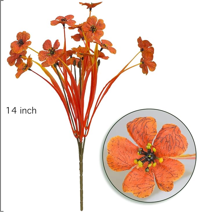 Outdoor Artificial Flowers 21 UV Resistant Bundles Fake Flower Plastic Plants Faux Silk Flowers Porch Hanging Garden Porch Window Box Decorating (Deep Autumn Orange)
