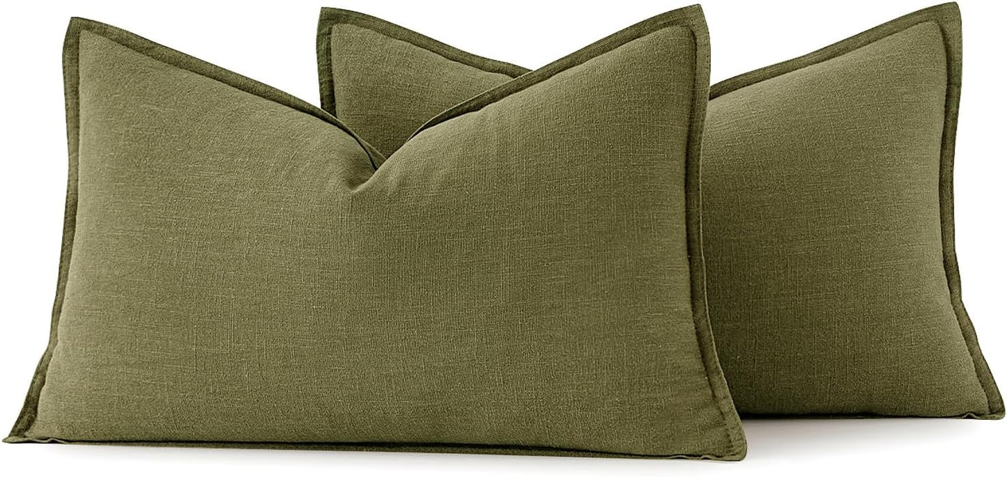 MIULEE Decorative Linen Pillow Covers 12x20 Inch Green Boho Farmhouse Neutral Couch Throw Pillows for Bed Pack of 2 Accent Outdoor Pillowcase Modern Sofa Cushion Livingroom Home Decor