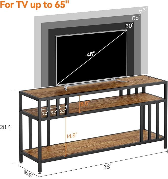 Garvee 58" TV Stand for Television up to 65 Inches, Entertainment Center with 3-Tier Open Shelves, TV Media Console Table with Quadruple-Tube Support for Living Room, Entryway, Rustic Brown