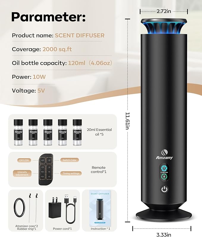 Waterless Scent Diffuser Kit, Scent Diffuser with 7 Lights and Breathing Lights Modes, Max coverage 2000 sq.ft.Home, Offices, Hotels and Spas Aromatherapy Diffuser Included 5 Scent Oils Remote Control