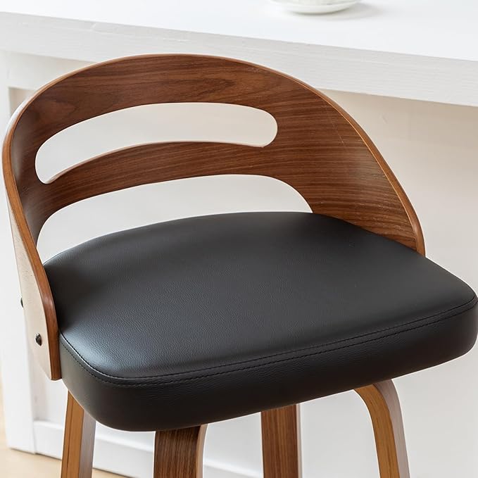 Counter Stools Set of 2, Counter Height Bar Stools with Walnut Crafts, Bentwood Curved Back, Upholstered Faux Leather, Soft Cushion Seat, Swivel Counter Chairs for Island/Pub (Black, 26" Seat Height)
