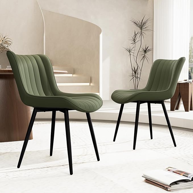 YOUNUOKE Green Dining Chairs Set of 2 Mid-Century Modern Kitchen Dining Room Chairs Armless Faux Leather Upholstered Accent Side Dinner Chair with Padded Back Metal Legs, Olive