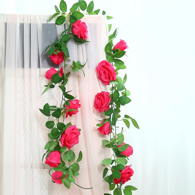 Felice Arts 2 Pack Hot Pink Artificial Floral Garland Each 6.5FT Fake Rose Vine Hanging Rose Garland for Wedding Flowers Table Centerpiece Arrangement Room Baby Shower Teepee Mirror Decor